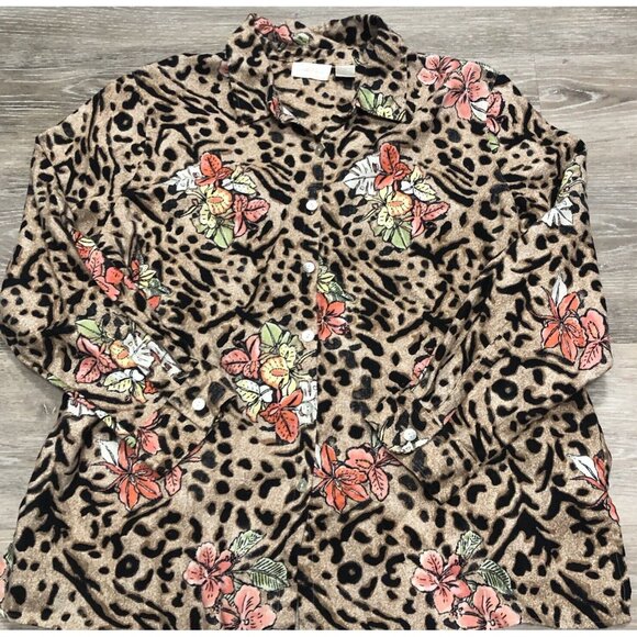 Vintage Studio Works Womens Size 2X Linen Cheetah‎ Floral Button Up Shirt Blouse - Picture 1 of 5